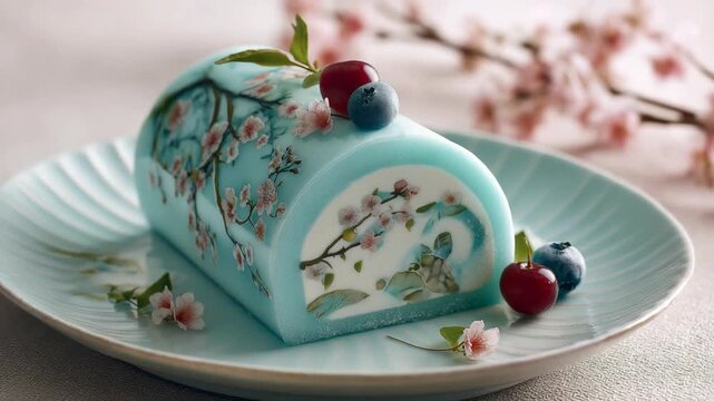 A beautiful agar roll cake decorated with fresh berries and an elegant flower pattern. The dessert presentation is delicate and colorful