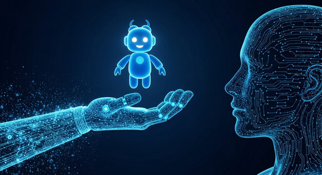 A glowing blue robot hand offers a small, friendly robot to a profile of a human head made of digital circuits, symbolizing ai and technology