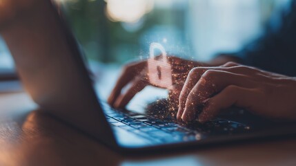 Secure typing on laptop with visual lock symbol in bright workspace at evening time