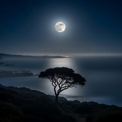 Fototapeta premium A solitary tree silhouetted against a moonlit seascape under a clear night sky, with blurred coastline in the background