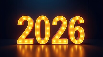 Bright illuminated marquee numbers spelling out the year 2026 on a dark background