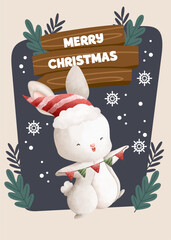 flat Merry Christmas cute bunny rabbit card poster Instagram template design