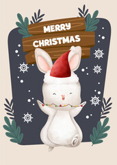 flat Merry Christmas cute bunny rabbit card poster Instagram template design