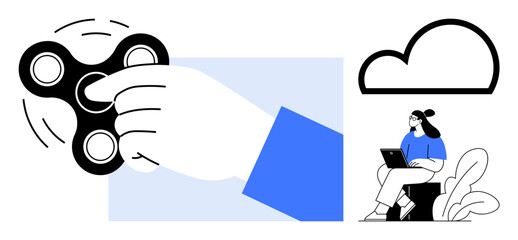 Fidget spinner concept. A hand holding and spinning a fidget toy, cloud computing icon, and a woman using a laptop. Fidget spinner usage include stress relief, mindfulness, technology design