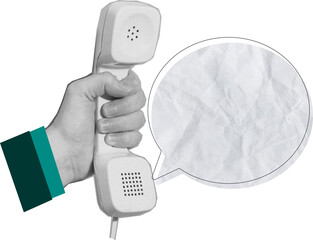 Creative modern art collage of a hand holding a retro phone with bubble chat