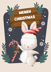 flat Merry Christmas cute bunny rabbit card poster Instagram template design