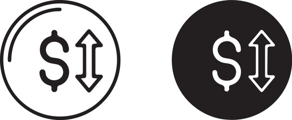 Dollar Sign with Up and Down Arrows Icon Outline and Solid Silhouette for Finance money currency on transparent background
