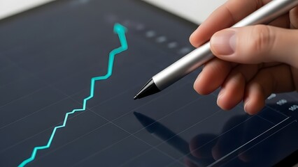 Hand using a stylus to interact with a digital tablet displaying a financial growth chart.
