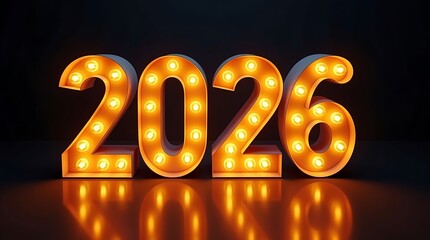 Bright illuminated 2026 marquee numbers glowing with warm light on a dark background