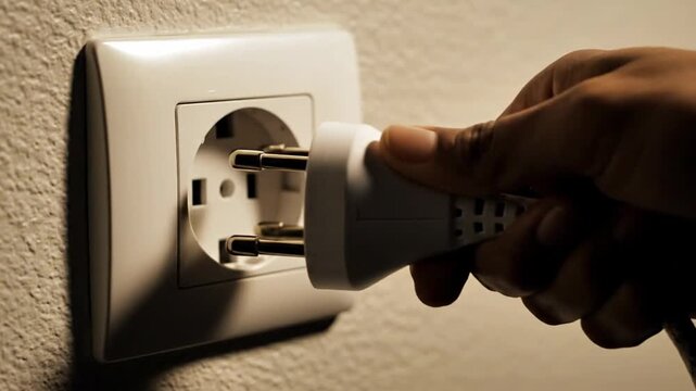 A close-up of a persons hand plugging a white electrical cord into a wall-mounted socket on a textured wall