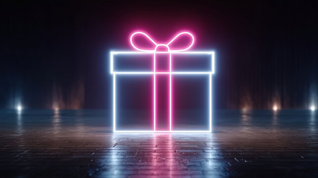 Glowing neon gift box icon with pink and blue light on dark reflective floor background for christmas and birthday celebration concept generative AI