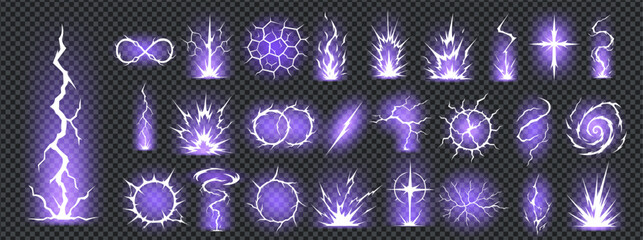 Comic lightning bolt effect glows with thunder energy and manga thunder background. Purple electric storm light makes each element powerful, stylish and ideal for anime, VFX or fantasy design. © Rina Antipina
