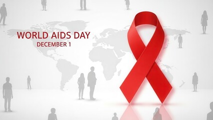 Vibrant red ribbon for World AIDS Day on December 1st, featuring a global map and diverse people silhouettes symbolizing unity and HIV awareness.