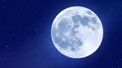 Fototapeta premium telephoto. Super moon in crisp detail against a deep blue night sky with visible lunar craters. STEM education sheets, lab safety posters, designed for STEM education and laboratory safety posters.