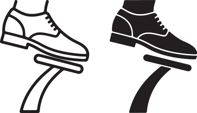 Outline and solid black icons of a shoe stepping on a lever press activate on transparent background