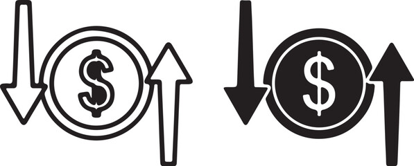 Two stylized dollar coin icons with down and up arrows in outline and solid black money currency on transparent background