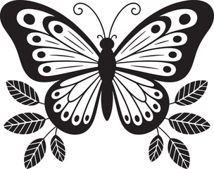 Black and white butterfly with leaves silhouette white