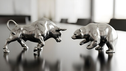 Silver bull and bear statues facing each other on a polished conference table, symbolizing financial market trends.