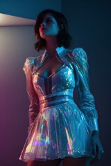 fashion model in holographic futuristic dress