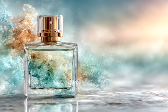 Elegant perfume bottle with colorful abstract background showcasing luxury and sophistication