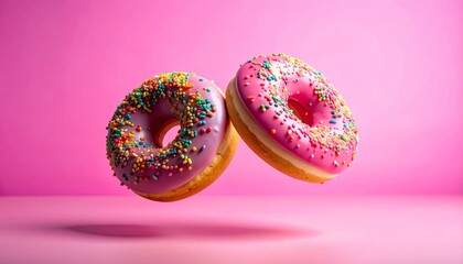 Floating pink frosted donuts with colorful sprinkles against vibrant pink background in playful motion composition