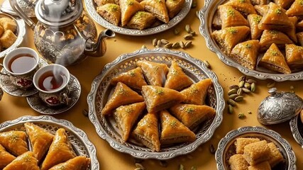 A lavish display of golden, syrup-drenched pastries meticulously arranged on ornate silver platters, creating an inviting and indulgent scene. Each triangular pastry glistens, adorned with a sprinkle 