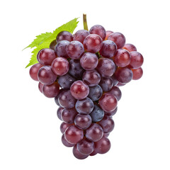 Fototapeta premium A vibrant bunch of ripe red grapes with green leaves on a black background