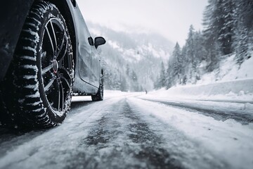 Fototapeta premium A close-up view of a car tire driving on a snow-covered road in a winter landscape