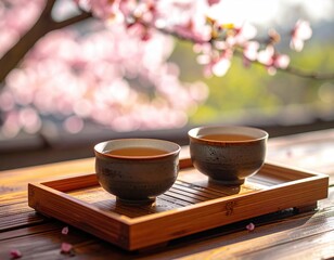 Tea cups on wooden tray, cherry blossoms soft backdrop