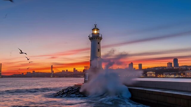 A majestic white lighthouse stands resiliently on a rocky breakwater, brightly illuminated against a breathtaking sunset sky painted with fiery orange, deep red, and soft blue hues. Powerful waves cra