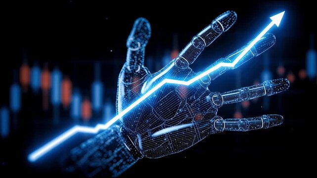 Futuristic robotic hand with glowing blue arrow indicating corporate ai automation profit roadmap and direction. AI Financial Direction & Growth &ndash; Animated Video Version