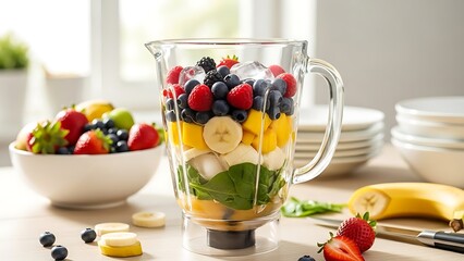 Blender pitcher filled with vibrant layers of fresh fruits and spinach, ready for a healthy smoothie in a bright kitchen setting.