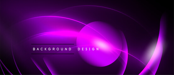 Abstract purple design. Glowing lines create dynamic curves, circles. Dark background emphasizes bright neon elements. Modern aesthetic.