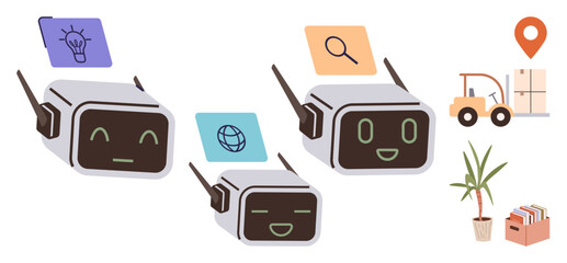 Robots interacting with idea, globe, and search icons alongside forklift, location pin, plant, and books. Ideal for technology, AI, logistics research automation innovation and education themes