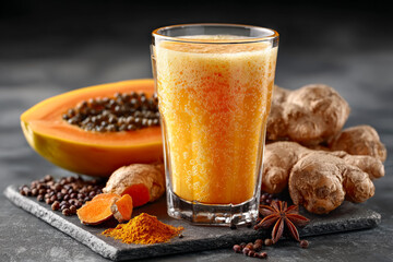 Fresh ginger and papaya juice in a glass with spices and ingredients on a dark stone background