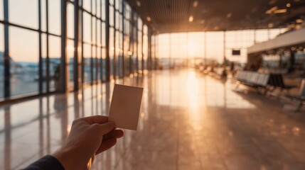 Holding a blank card in an airport during sunset hours