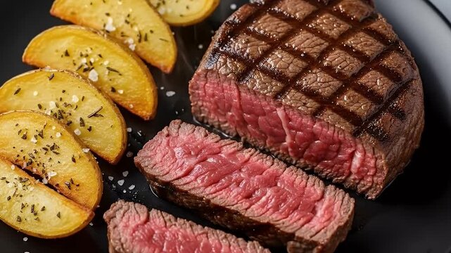 A perfectly cooked and expertly sliced steak, exhibiting a succulent medium-rare interior and distinctive char marks from the grill, is beautifully presented on a dark plate. Wisps of steam gently ris