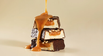 Pieces of protein bar stacked on top of each other with a caramel flavor and caramel dripping on them