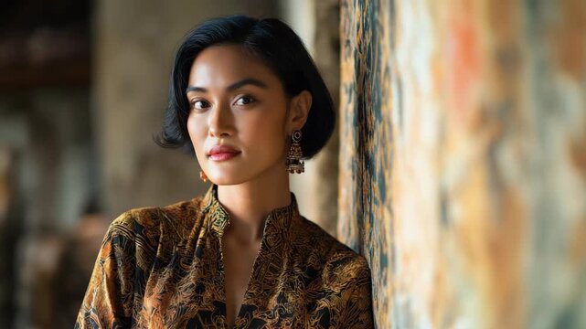 pretty Indonesian Asian woman, fashion model wearing ornate batik shirt 