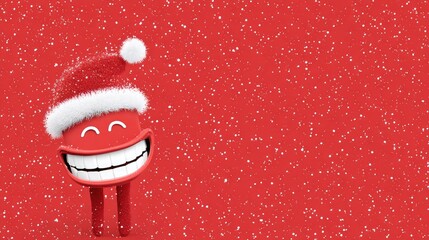 Cheerful cartoon character with a big smile wearing a festive Santa hat against a vibrant red background filled with falling snowflakes for a joyful holiday atmosphere