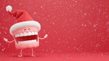 Cheerful Cartoon Tooth with Santa Hat Spreading Joy and Happiness on a Snowy Christmas Background Suitable for Holiday Promotions and Children's Products
