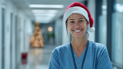 Cheerful Healthcare Professional Wearing Santa Hat in Modern Hospital Corridor with Christmas Tree and Holiday Spirit, Promoting Joy and Compassion in Healthcare Environment