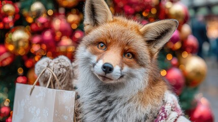 Adorable Fox with Gift Bag in Front of Festive Christmas Tree Decorated with Colorful Ornaments, Bringing Joy and Cheer to Holiday Season Celebrations