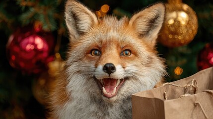 Cheerful red fox with bright eyes smiling next to festive holiday decorations and a brown paper bag under a Christmas tree with shimmering ornaments