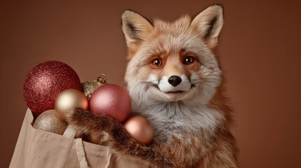 Adorable fox character standing with a festive bag filled with colorful Christmas ornaments against a warm brown background, ideal for holiday-themed designs and decorations.