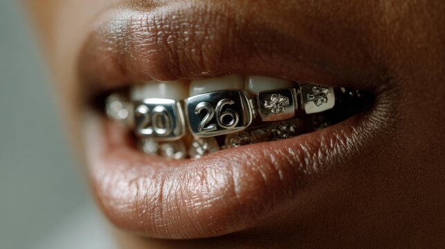 Caucasian woman with custom dental grills and 2026 numbers on her teeth. Fashion accessory or unique oral expression.