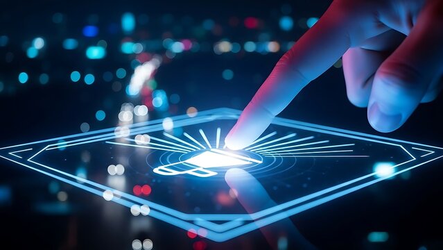 Human hand interacting with a futuristic digital interface creating glowing lines and a network connection - Powered by Adobe