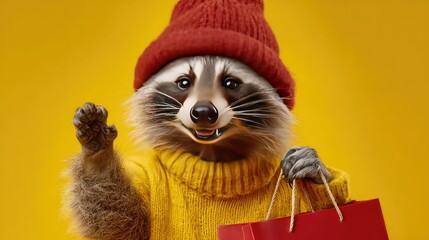 Cheerful raccoon in a bright yellow sweater and red beanie holds a shopping bag against a vibrant yellow backdrop, exuding warmth and joy, perfect for festive themes.