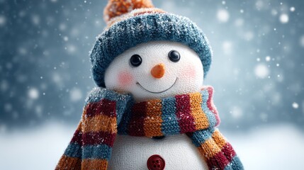 Cheerful Snowman with Colorful Hat and Scarf Surrounded by Snowflakes in a Winter Wonderland, Smiling and exuding Holiday Spirit for Seasonal Celebrations