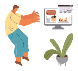 Person extending arms at a computer monitor displaying shopping carts and analytics graphics. Potted plant beside. Ideal for e-commerce, business growth, analytics, productivity, sustainability